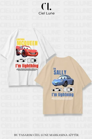 unisex kadın erkek şimşek mcqueen ve sally baskılı sevgili çift kombini tasarım oversize tshirt 2'li