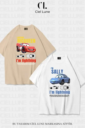 unisex kadın erkek şimşek mcqueen ve sally baskılı sevgili çift kombini tasarım oversize tshirt 2'li
