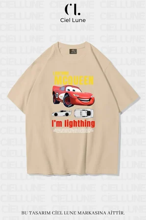 unisex kadın erkek şimşek mcqueen ve sally baskılı sevgili çift kombini tasarım oversize tshirt 2'li