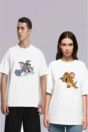 unisex tom ve jerry ön baskılı sevgili çift kombini tasarım oversize tshirt 2'li