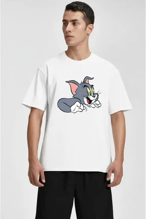 Unisex Tom ve Jerry Ön Baskılı Sevgili Çift Kombini Tasarım Oversize Tshirt 2'li
