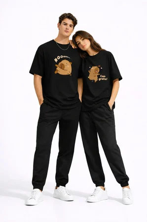 Sevgili Kombini Sevimli Ayı Baskılı Çift Tişört Oversize Unisex Partner Tişört 2'li Set