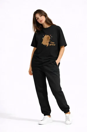Sevgili Kombini Sevimli Ayı Baskılı Çift Tişört Oversize Unisex Partner Tişört 2'li Set