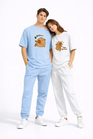 Sevgili Kombini Sevimli Ayı Baskılı Çift Tişört Oversize Unisex Partner Tişört 2'li Set