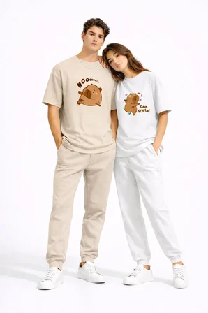 Sevgili Kombini Sevimli Ayı Baskılı Çift Tişört Oversize Unisex Partner Tişört 2'li Set