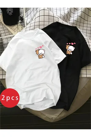 Sevgili Kombini Tişört 2’li Set Ayıcık Baskılı Unisex Çift Tişört %100 Pamuk