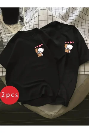 Sevgili Kombini Tişört 2’li Set Ayıcık Baskılı Unisex Çift Tişört %100 Pamuk