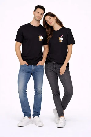 sevgili kombini minimal ayıcık kalp baskılı çift tişört oversize unisex 2’li set