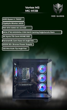 Hexon MG-H13B Amd Ryzen 5 7500F | RTX5060 | 16GB Ram | 1 Tb SSD Oyuncu OEM PAKET 