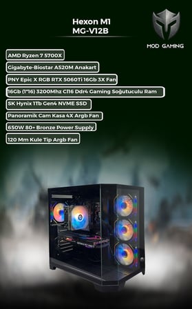 Vortex MG-V12B Amd Ryzen 7 5700X | RTX5060 Ti 16GB | 16GB Ram | 1 Tb SSD Oyuncu OEM PAKET 
