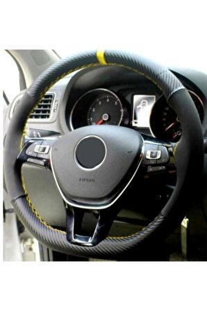 Renault Modus Uyumlu Alkantara Karbon Sarı Yüzüklü Deri Dikmeli Direksiyon Kılıfı