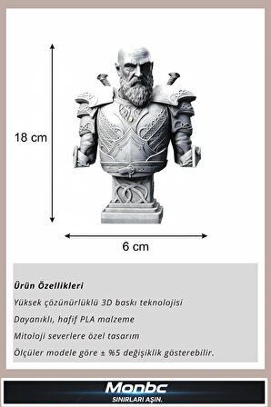 Monbc Kratos Büstü – Tanrıların Savaşçısı 3D Tasarım Dekoratif Biblo, Hediyelik ve Ev Ofis İçin Şık Aksesuar