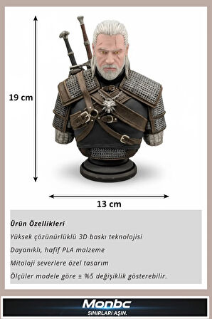 Monbc Witcher Büstü –Geralt of Rivia 3D Tasarım Dekoratif Biblo, Hediyelik ve Ev Ofis İçin Şık Aksesuar