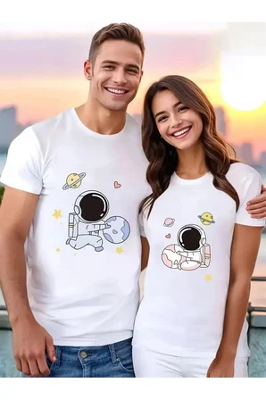 evgili Kombini Çift Tişört Oversize Unisex Astronot Baskılı Çift Kombin Sevgili Tişört Seti
