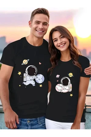 evgili Kombini Çift Tişört Oversize Unisex Astronot Baskılı Çift Kombin Sevgili Tişört Seti