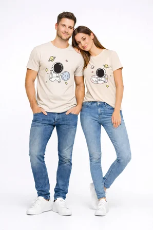 Sevgili Kombini Astronot Baskılı Çift Tişört Oversize Unisex Partner Tişört 2’li Set