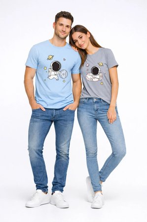 Sevgili Kombini Astronot Baskılı Çift Tişört Oversize Unisex Partner Tişört 2’li Set