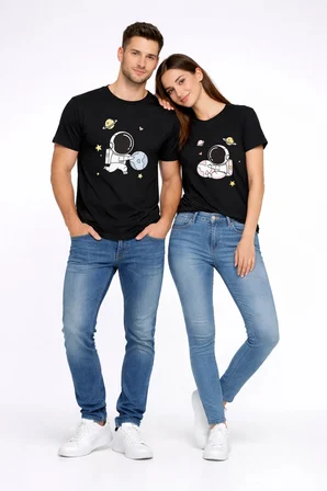 Sevgili Kombini Astronot Baskılı Çift Tişört Oversize Unisex Partner Tişört 2’li Set
