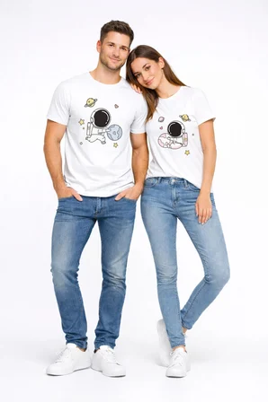 Sevgili Kombini Astronot Baskılı Çift Tişört Oversize Unisex Partner Tişört 2’li Set