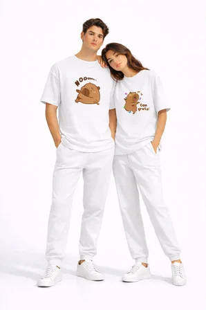 Sevgili Kombini Sevimli Ayı Baskılı Çift Tişört Oversize Unisex Partner Tişört 2'li Set