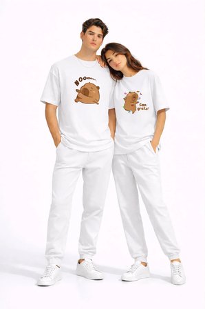 Sevgili Kombini Sevimli Ayı Baskılı Çift Tişört Oversize Unisex Partner Tişört 2'li Set