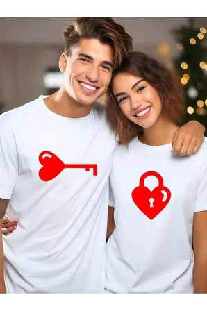 Sevgili Kombini Kalp Anahtar Baskılı Çift Tişört Oversize Unisex Romantik Çift Kombin Seti