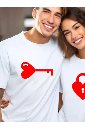 Sevgili Kombini Kalp Anahtar Baskılı Çift Tişört Oversize Unisex Romantik Çift Kombin Seti
