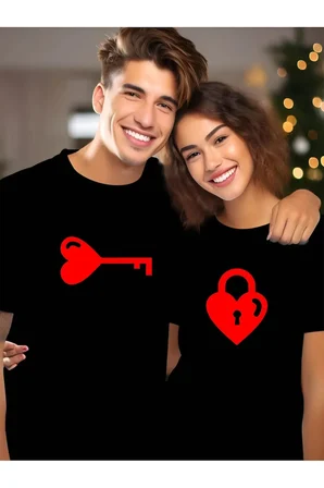 Sevgili Kombini Kalp Anahtar Baskılı Çift Tişört Oversize Unisex Romantik Çift Kombin Seti
