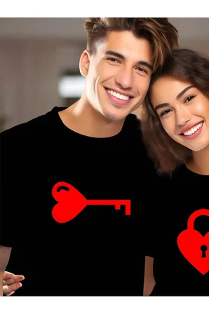 Sevgili Kombini Kalp Anahtar Baskılı Çift Tişört Oversize Unisex Romantik Çift Kombin Seti