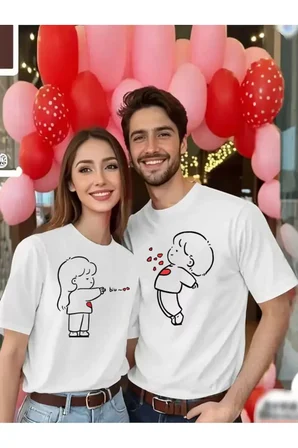 Sevgili Kombin Tişört Çifti – Kalp Detaylı Sevimli Çizim Baskılı Pamuklu Unisex Çift Tişört Seti