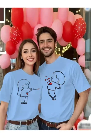 Sevgili Kombin Tişört Çifti – Kalp Detaylı Sevimli Çizim Baskılı Pamuklu Unisex Çift Tişört Seti