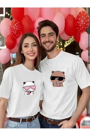 Sevgili Kombini Çift Tişört Panda Baskılı Oversize Unisex Çift Kombin Sevimli Çift Tişört Seti