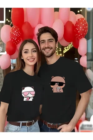 Sevgili Kombini Çift Tişört Panda Baskılı Oversize Unisex Çift Kombin Sevimli Çift Tişört Seti