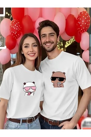 Sevgili Kombini Çift Tişört Panda Baskılı Oversize Unisex Çift Kombin Sevimli Çift Tişört Seti