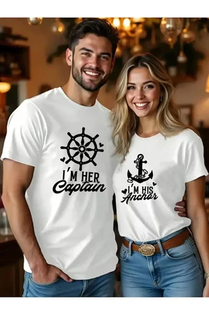 Sevgili Kombini Çift Tişört Captain Anchor Baskılı Oversize Unisex Çift Kombin Tişört Seti