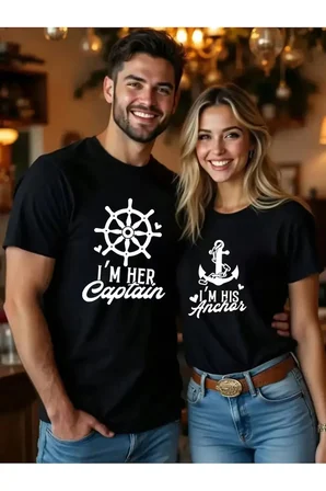 Sevgili Kombini Çift Tişört Captain Anchor Baskılı Oversize Unisex Çift Kombin Tişört Seti