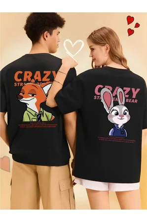 Sevgili Kombini Crazy Animal Baskılı Çift Tişört Oversize Unisex Çift Kombin Karikatür Çift Set