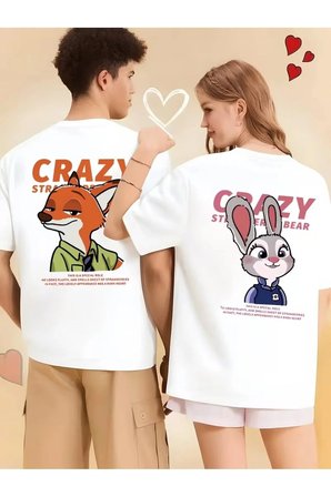 Sevgili Kombini Crazy Animal Baskılı Çift Tişört Oversize Unisex Çift Kombin Karikatür Çift Set