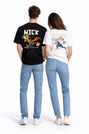 Sevgili Kombini Crazy Animal Baskılı Çift Tişört Oversize Unisex Çift Kombin Karikatür Çift Set