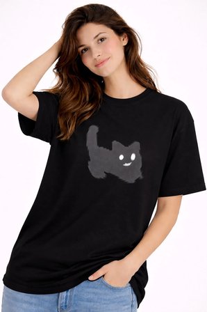 Unisex Oversize Tişört Kedi Baskılı Minimal Tasarım %100 Pamuk