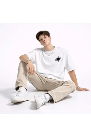 Sevgili Kombini Minimal Uzay Gezegen Baskılı Çift Tişört Oversize Unisex Partner Tişört 2'li Set