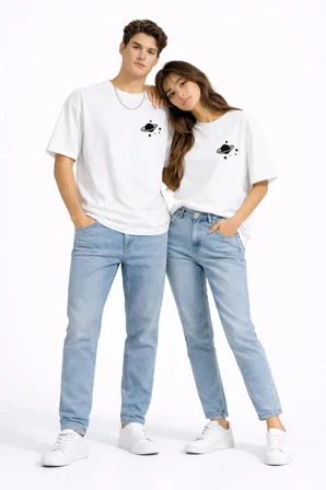 Sevgili Kombini Minimal Uzay Gezegen Baskılı Çift Tişört Oversize Unisex Partner Tişört 2'li Set