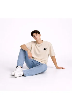 Sevgili Kombini Minimal Uzay Gezegen Baskılı Çift Tişört Oversize Unisex Partner Tişört 2'li Set