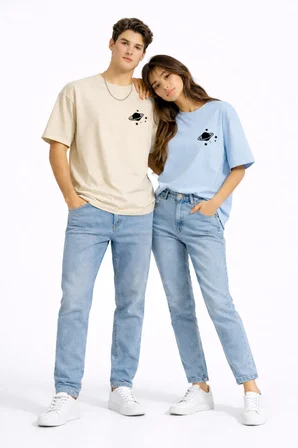 Sevgili Kombini Minimal Uzay Gezegen Baskılı Çift Tişört Oversize Unisex Partner Tişört 2'li Set