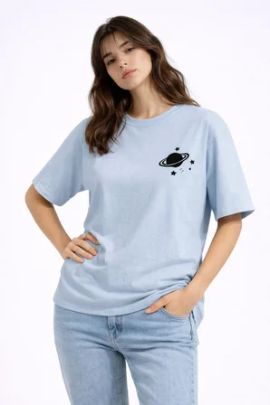 Sevgili Kombini Minimal Uzay Gezegen Baskılı Çift Tişört Oversize Unisex Partner Tişört 2'li Set