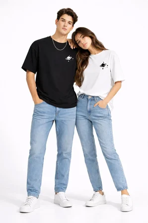 Sevgili Kombini Minimal Uzay Gezegen Baskılı Çift Tişört Oversize Unisex Partner Tişört 2'li Set
