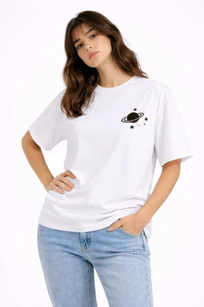 Sevgili Kombini Minimal Uzay Gezegen Baskılı Çift Tişört Oversize Unisex Partner Tişört 2'li Set