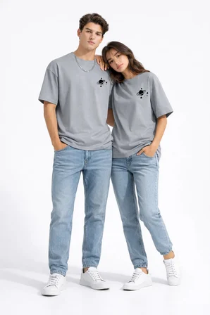 Sevgili Kombini Minimal Uzay Gezegen Baskılı Çift Tişört Oversize Unisex Partner Tişört 2'li Set