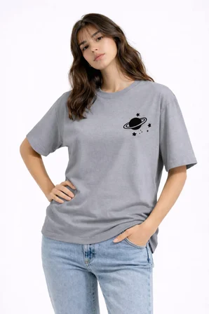 Sevgili Kombini Minimal Uzay Gezegen Baskılı Çift Tişört Oversize Unisex Partner Tişört 2'li Set