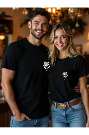 Sevgili Kombini Minimal Gül Baskılı Çift Tişört Oversize Unisex Çift Kombin Romantik Çift Set